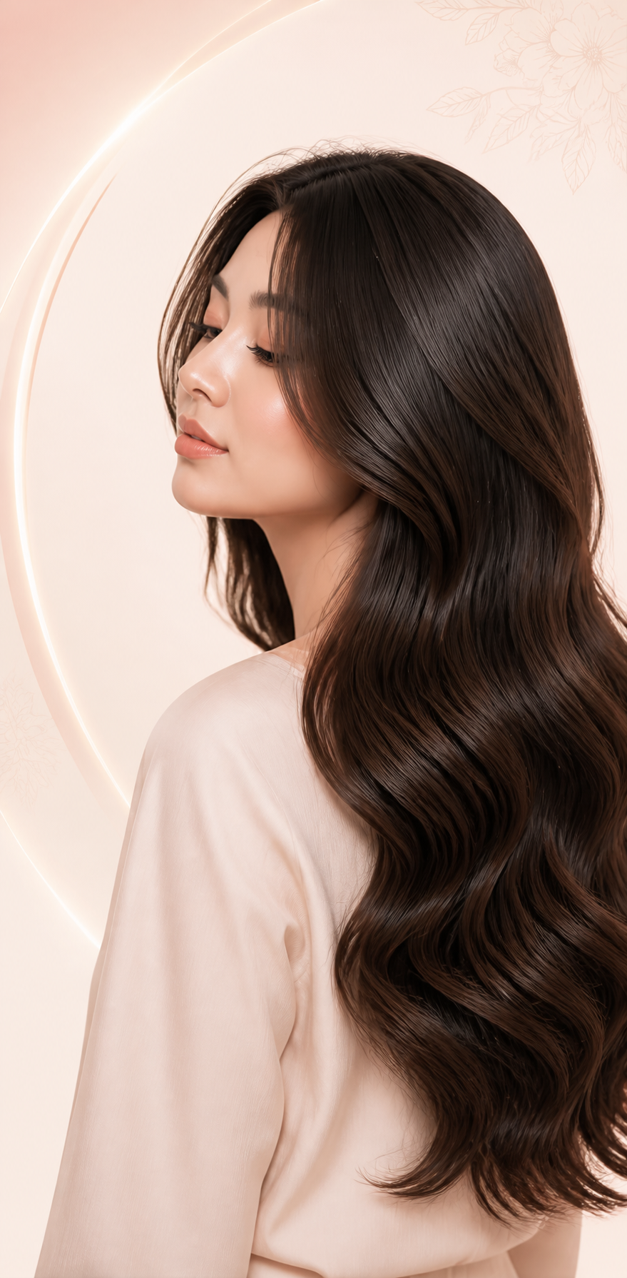 Model dengan rambut panjang berkilau di Frida's Hair Studio